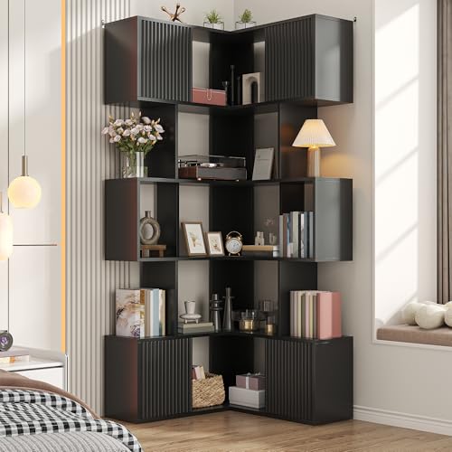 Image of kepptory 5 Tier Corner Bookshelf, 71 inch Storage Bookcase, L-Shaped Cube Bookshelf, Modern Display Shelf Standing Unit, Wood Metal Living Room /Home Office /Bedroom Display Unit, Black