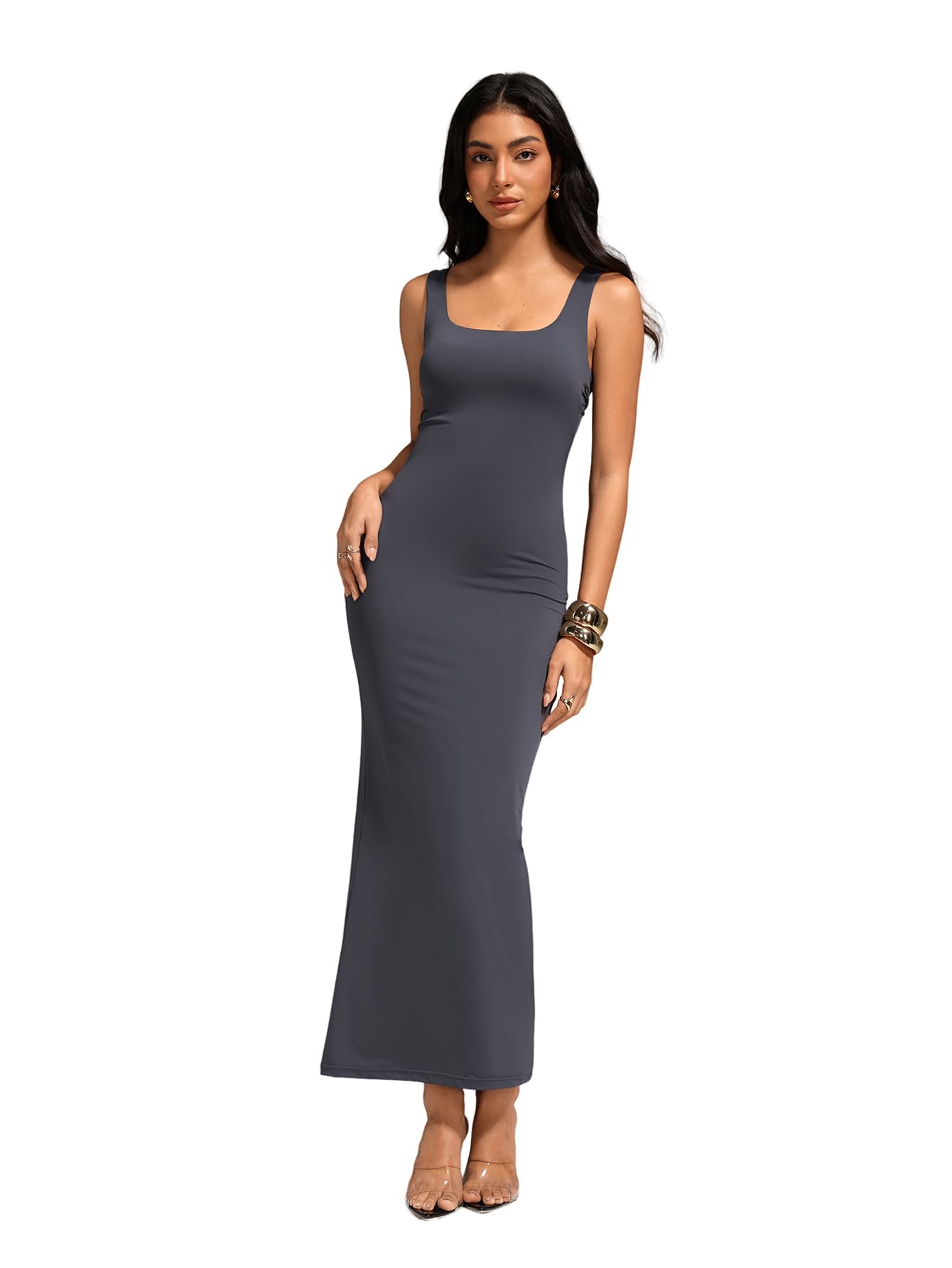 Women's Basic Round Neck Sleeveless Solid Bodycon Maxi Long Dress