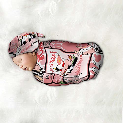 Image of Who Love Cows Newborn Swaddle Blankets with Hat Sets Newborn Receiving Blanket for Boy Girl Swaddle Sack Shower Infant Gift