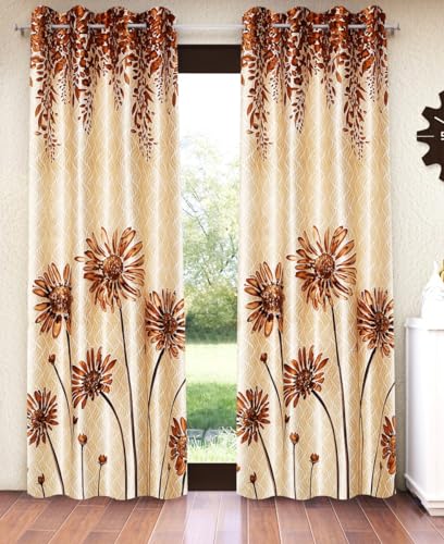 Image of Home Sizzler 2 Pieces Sunflower Panel Eyelet Polyester Window Curtains - 5 Feet, Gold