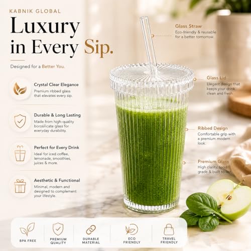 Image of Glass Tumblers with Wooden Lid and Glass Straw, 540ml, Borosilicate Glass, for Coffee, Iced Coffee, Juice and Smoothies, Coffee Mug, Sipper, Glass Tumbler (Transparent - Ribbed Glass)