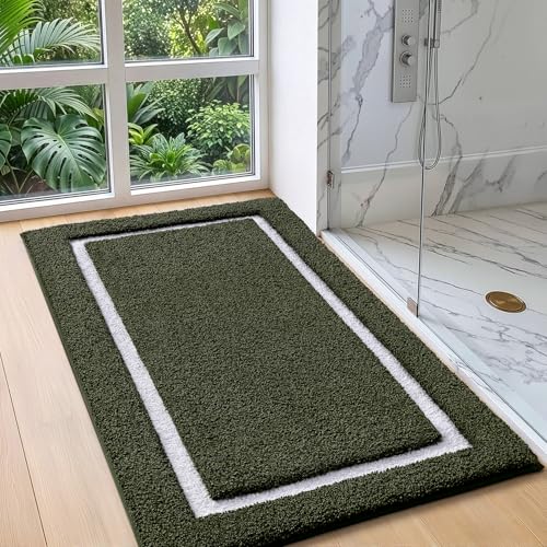 Image of Color&Geometry Green Bathroom Rugs 43x24, Extra Soft Absorbent Microfiber Bath Rugs, Non-Slip Bathroom mat, Washable Plush Bath Mats for Bathroom, Shower, Bathtub, Laundry, Green White