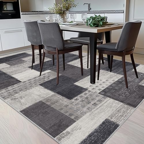 Calinline Moderne Geometrische Patchwork Indoor Wohnzimmer Teppich, Anthrazit 140x200 cm Große Teppiche Rockwood Sammlung Böden Dekor für Schlafzimmer, Grau Weich Kurzflor Waschbar Teppich Gegend
