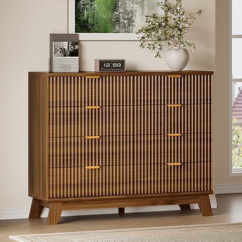 Image of BORNOON Fluted 8 Drawer Tall Dresser, 47.2 inch Wide Modern Boho Chest of Drawers, Wooden Storage Dresser TV Stand for Bedroom, Living Room, Closet, Hallway, Curved Profile Design