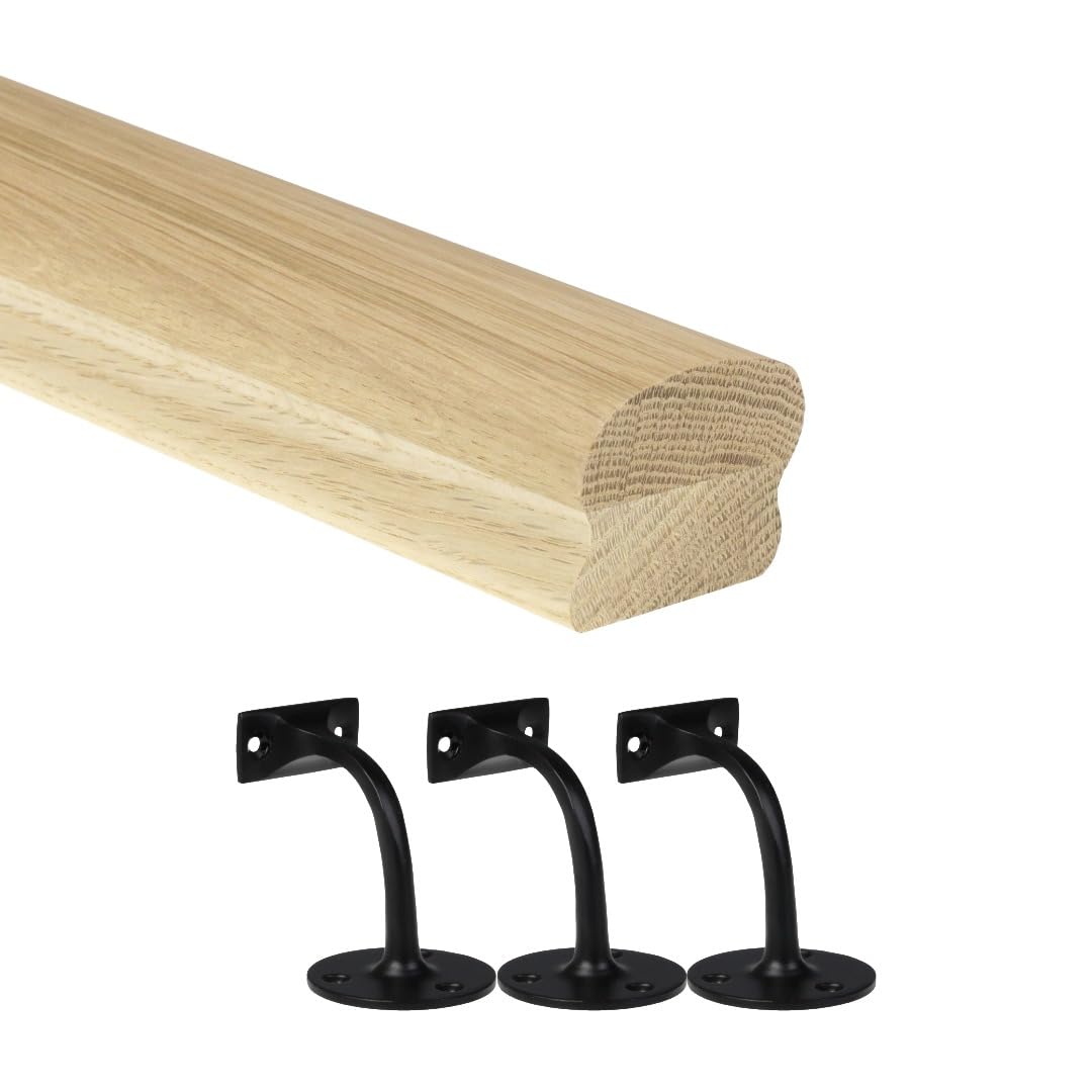 Jackson Woodturners Oak Cottage Loaf Handrail Kit 66x45mm Engineered Oak with Black Wall Brackets – Various Lengths 1800mm 2400mm 3600mm 4200mm (2400mm + 3 Wall Brackets)