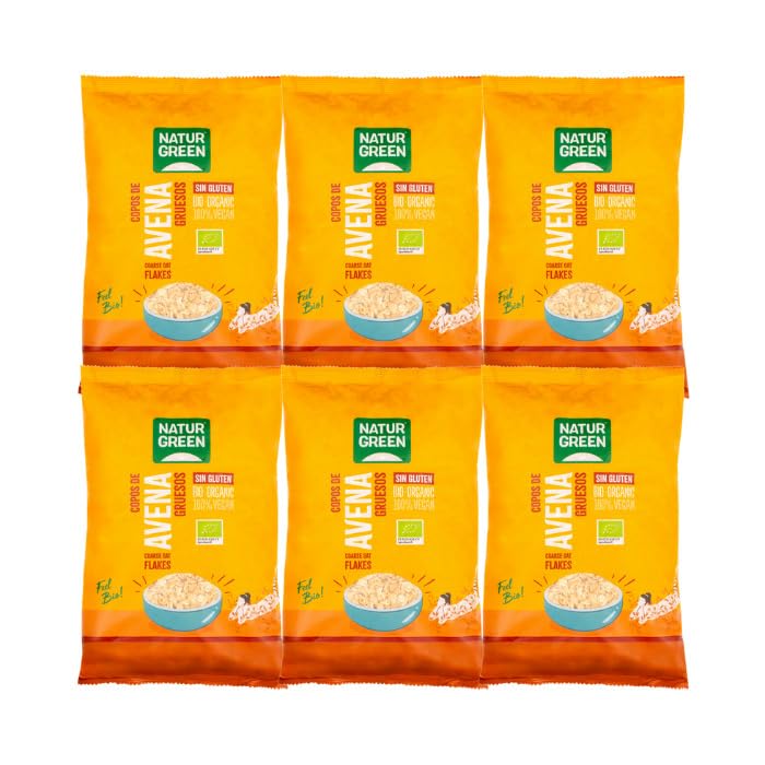NaturGreen - Copos De Avena Gruesos, Avena Sin Gluten Bio, Integral, Ideal para Desayuno, 100% Ecológico - 1Kg, Pack 6 unidades