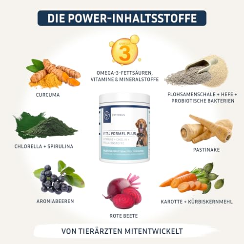 PetFokus Vital Formel Plus | unterstützt Verdauung, strahlendes Fell, Energie & Vitalität | Futterergänzung für Hunde | Vitamine, Mineral- & Pflanzenstoffe I Probiotika & Omega-3 | leckerer Geschmack