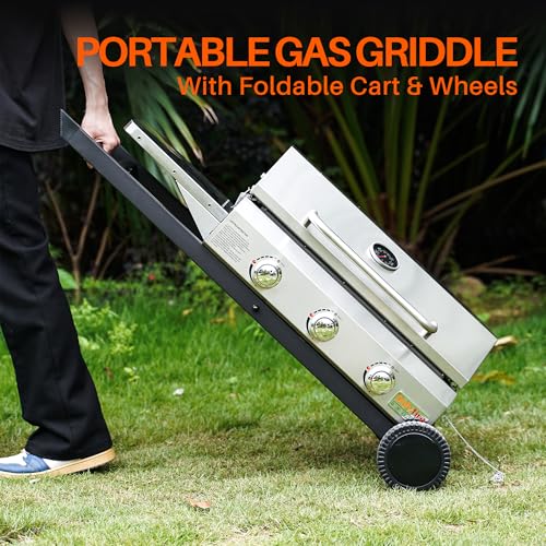 Onlyfire BBQ Gasgrill Grillwagen | Plancha Gasgrill 3 Brenner | mit Faltbarem Rollwagen, Keramische Lackbeschichtung Grillplatte, Rollen | Grillfläche 57x36cm | 7Kw | für Outdoor Camping Balkon Garten