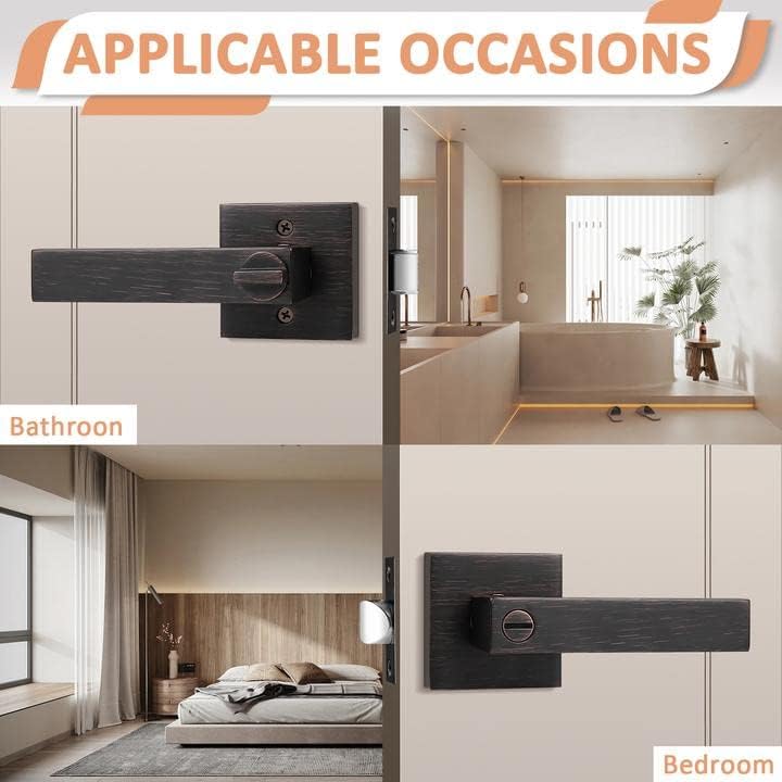 Miniatura 2 de Priobrico - Manija de puerta interior de bronce aceitado con cerradura de privacidad para dormitorio, pomos modernos para puerta de baño