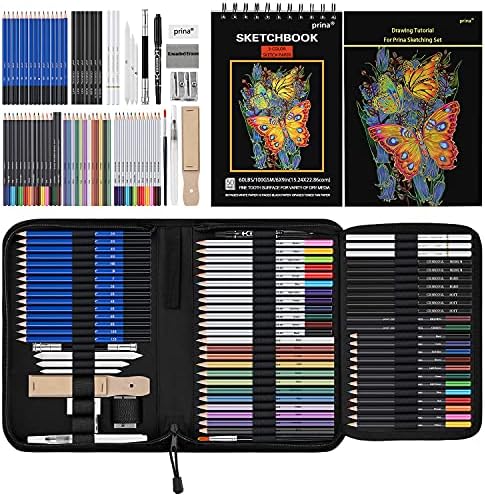 Prina 76 Pack Drawing Set Sketching Kit, Pro Art Sketch Supplies with 3-Color Sketchbook, Include Tutorial, Colored, Graphite, Charcoal, Watercolor & Metallic Pencil, for Artists Adults Teens Beginner