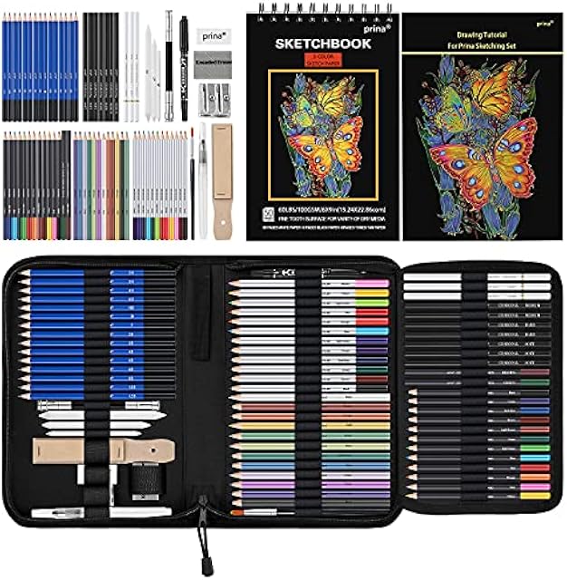 Prina 76 Pack Drawing Set Sketching Kit, Pro Art Supplies with 3-Color Sketchbook, Include Tutorial, Colored, Graphite, Charcoal, Watercolor & Metallic Pencil, for Artists Adults Teens Beginner