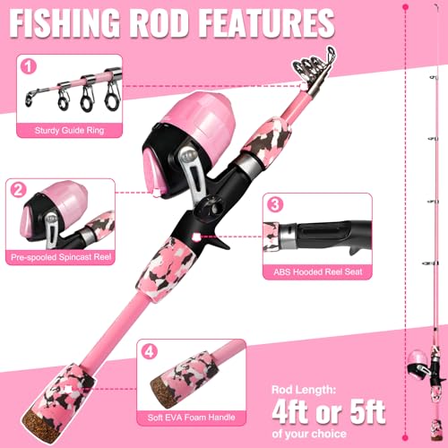 Image of PLUSINNO Kids Fishing Pole with Spincast Reel Telescopic Fishing Rod Combo Full Kits for Boys, Girls, and Adults (Pink, 150cm 59.05In)