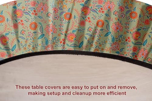 Image of The Furnishing Tree Elastic Cotton Round Dining Table Cover 36x36 in Inches Floral Multicolor on Green Base