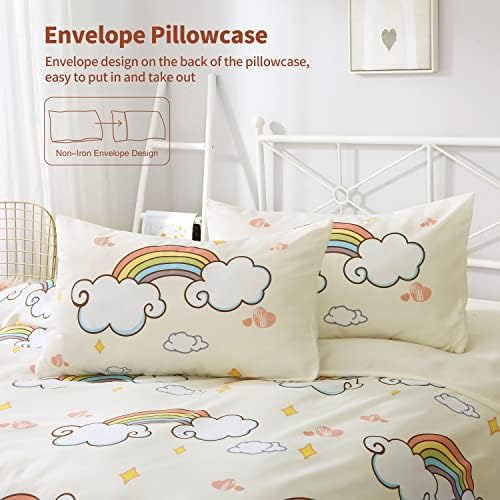 HLWDXno1 Rainbow Cloud Duvet Cover Girls Bedding Single Sets with 2 Pillow Case Stars Stripe Kids Bedding Ultra Soft Brushed Microfiber Quilt Cover Zipper Closure, White 140 * 200