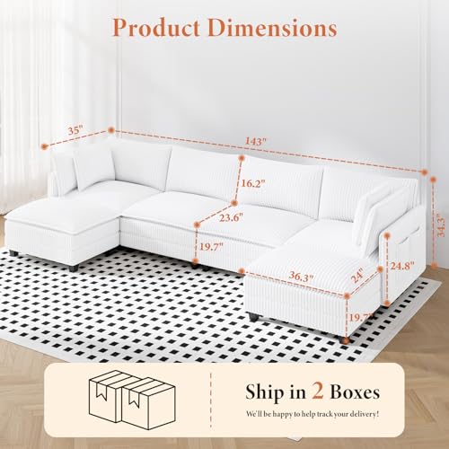 Image of Vesgantti 143 inch U Shaped Sectional Modular Couch, Comfy Corduroy Upholstered Modular Cloud Sofas for Living Room, Modern Sectional Sofa with 2 Ottoman Deep Seat, Warm White