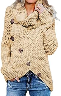 Asvivid Womens Cozy Turtleneck Cowl Neck Long Sleeve Sweater Winter Warm Button Asymmetrical