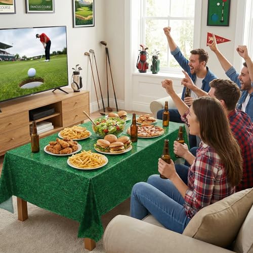 Image of 3 Pack Green Grass Field Plastic Tablecloth, 54 x 108 Inch Golf Table Cloth Disposable Tablecloths for Rectangle Tables Waterproof Sports Theme Table Cover for Golf Football Birthday Party Supplies