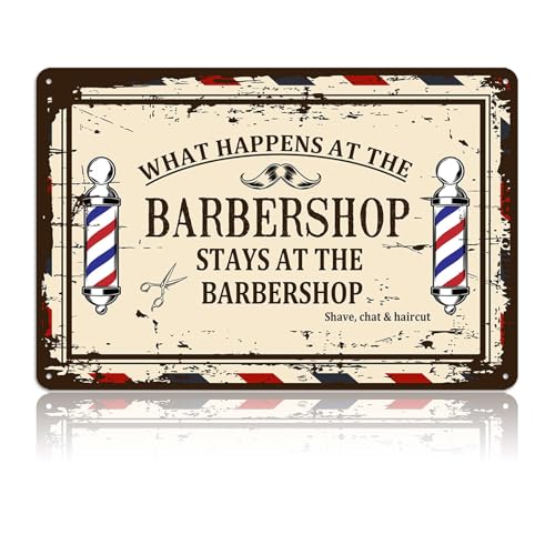Barber Shop Decor Accessories - Vintage Barbershop Metal Tin Signs Haircut Wall Art Posters Gifts for Men Decorations - What Happens At The Barbershop Stays At The Barbershop Sign 8x12 Inch