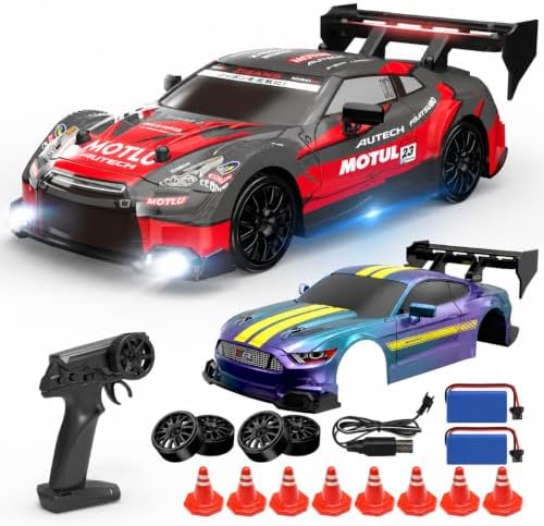 DEERC RC Drift Car, 4WD 2.4GHz Remote Control Car for Kids W/LED Lights, Car Shell, 2 Rechargeable Batteries, 40mins Playtime, Racing & Drift Wheels, 8 Traffic Cones, Toy Cars for Boys Girls
