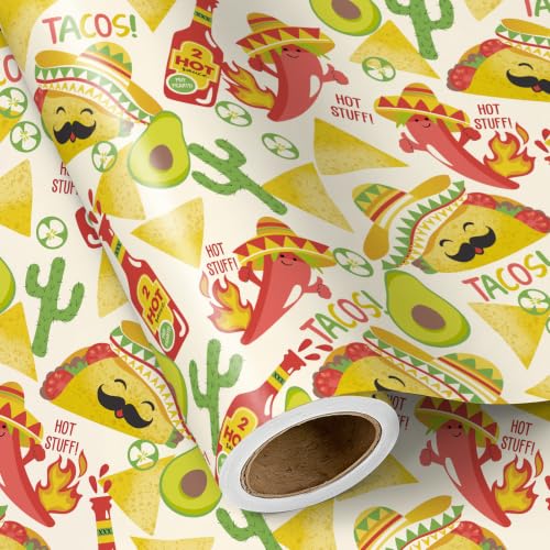 RUSPEPA Taco Wrapping Paper Roll, Mini Roll, Funny Fiesta Taco, Avocado, Hot Sauce Design Gift Wrap for Cinco de Mayo, Birthday, Mexican Themed Party, Taco Tuesday, Fiesta Party, 17 Inches x 16.4 Feet