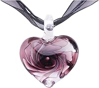 VEINTI1 Handmade Romantic Heart Pink Flower Glass Necklace & Earring Set - Purple Pink Exotic Eye-Catcher