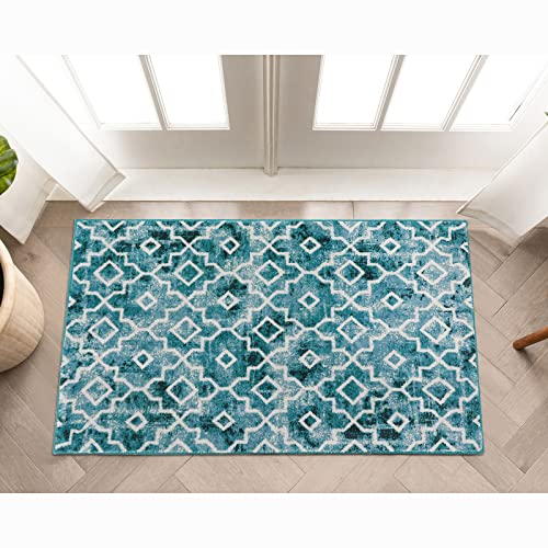 Wonnitar Moroccan Washable Area Rug - Small 2X3 Teal Distressed Entryway Rug Doormat Modern Geometric Non-Slip Throw Rug Faux Wool Floor Carpet For Bathroom Laundry Living Room Indoor Office #TOP7