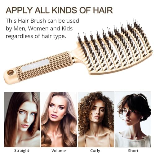 REhair 2-in-1 Boar Bristles Hair Brush + Z Shaped Hair Slit & Volumizer Comb - Best Value Combo (Gold, Green Comb) 1