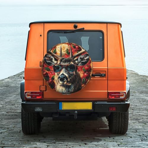 Image of Deer with Glasses and Pizza Spare Tire Cover Wheel Protectors Weatherproof Deer Pattern Wheel Covers Universal Fit for Trailer RV SUV Truck Camper Travel Trailers Accessories 14 Inch
