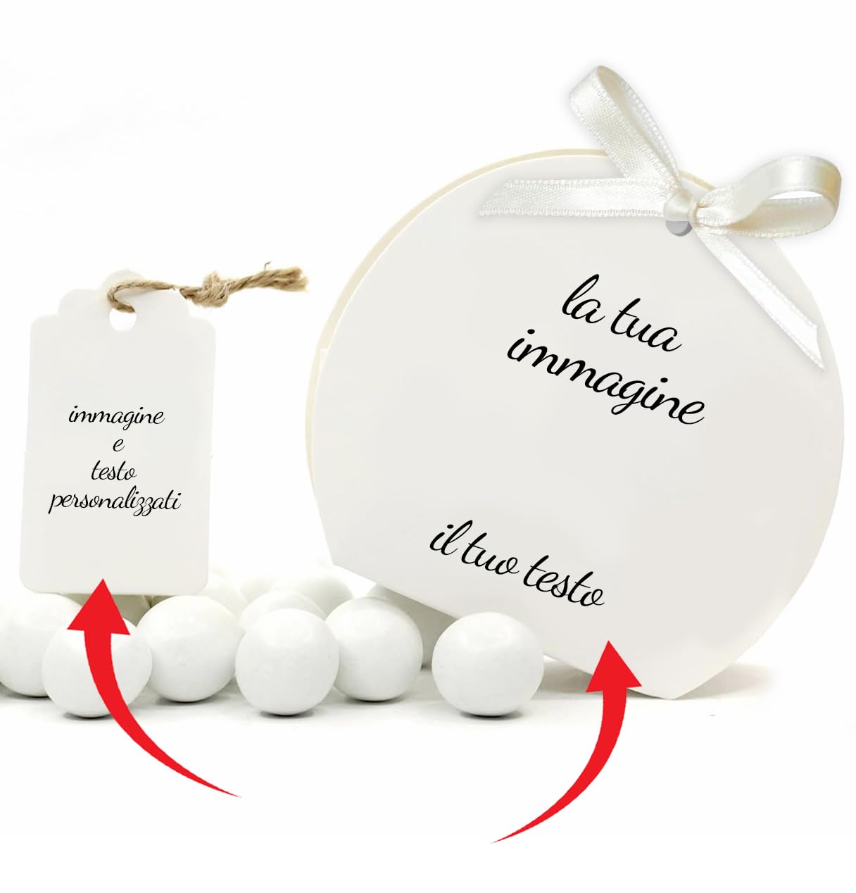 Mr Pubblicità - kit da 75 pezzi PERSONALIZZATI (stampa inclusa) - 25 Scatoline Portaconfetti + 25 Tag + 25 Nastrini, Per Sposi, Matrimonio, Nozze, Promessa, Scatolino, Bomboniera