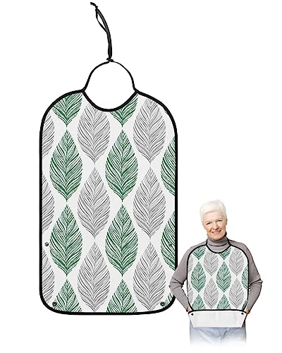 Green Leaves Adult Bib for Eating with Crumb Catcher,Washable & Waterproof Terry Cloth Adjustable Elderly Women Men Adult Bibs Funny Apron Reusable Clothing Protector Abstract Grey Summer Leaf Art