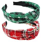 VIVIAN & VINCENT 2 Pack of Womens Vintage Headbands Headwraps Hair Band with Bow Valentines Gifts for Her Green and Red Plaid with Snowflakefor Christmas gift