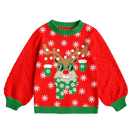 Girls Christmas Sweater Lantern Sleeve Holiday Pullover Jumper 3-7 Years
