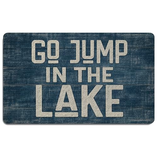 FISWAFY Navy Blue Lake House Door Mat, Go Jump in the Lake Doormat for Porch Entryway Entrance Front Door, Nautical Beach Lakehouse Welcome Mat Outside, 17x30 Inch
