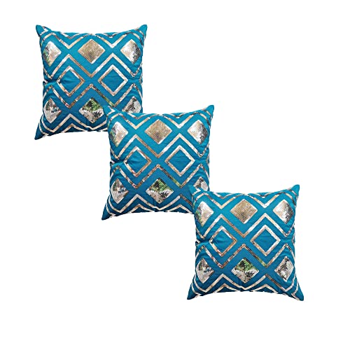 Image of Checks Turqoise Silver Sequin Cushion Covers Size - 40x40 (Pack of 3)