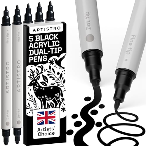 ARTISTRO 5 Black Acrylic Paint Pens for Rock Fabric Wood Glass Decoration - Dual Tip (Dot & Fine) Paint Markers for Coloring Books for Adults Teens Kids - Art and Craft Supplies Kit