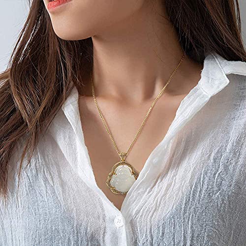 Image of ASGIFT Laughing Buddha Necklace Cubic Zirconia Green Jade Buddha Pendant with 18K Gold Plated Chain Lucky Buddha Necklace Jewelry Gift