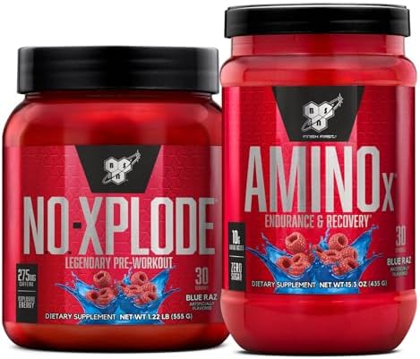 BSN Workout Bundle of NO XPLODE Pre Workout Powder Blue Raz, 30 Servings Amino X Muscle Recovery Intra Workout Support, Caffeine Free Blue Raz, 30 Servings