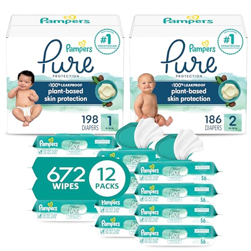 Image of Pampers Pure Protection Disposable Baby Diapers Starter Kit (2 Month Supply), Sizes 1 (198 Count) & 2 (186 Count) with Aqua Pure Sensitive Wipes, 12X Pop-Top Packs (672 Count)