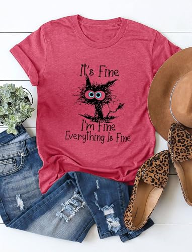 Funny Cat T Shirts for Women Everything is Fine Graphic Tees Casual Short Sleeve Summer Tops Crewneck Shirt4
