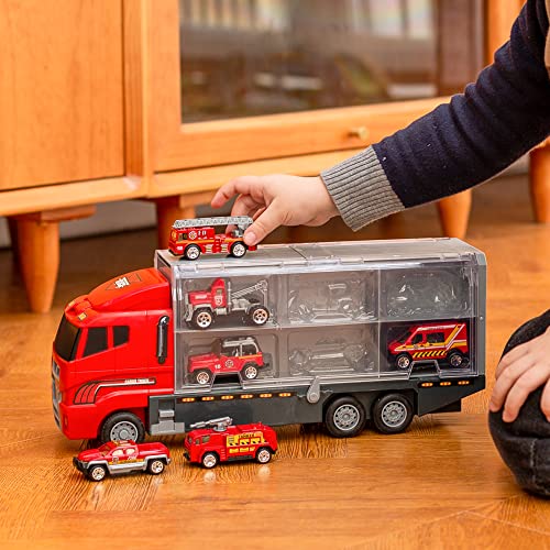 Joyin 19 In 1 Die-Cast Fire Toy Truck With Little Figures, Mini Emergency Fire Vehicles In Big Carrier Truck, Patrol Rescue Helicopter For Boys 3-9 Years Old, Kids Value Birthday Xmas Easter Gifts #TOP7