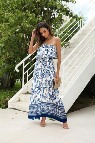 Image of ZMPSIISA Women's Summer Off The Shoulder Maxi Dress Ruffle Strapless Blue White Porcelain Boho Casual Loose Long Dresses