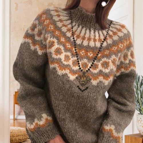 ZOCAVIA Women's Fair Isle Knit Sweater Retro Ethnic Argyle Turtleneck Sweaters Chunky Long Sleeves Cropped Pullover Tops2