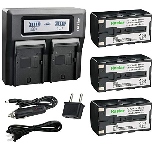 Kastar Battery 3 Pack and LCD Dual Fast Charger for Topcon BT-65Q, Topcon BC-30 BC-30D BT-30, Topcon Total Stations FC-200 FC-2200 FC-2500 GPT-7000i GTS-750 GTS-751 GPT-7500 GTS-900 GPT-9000