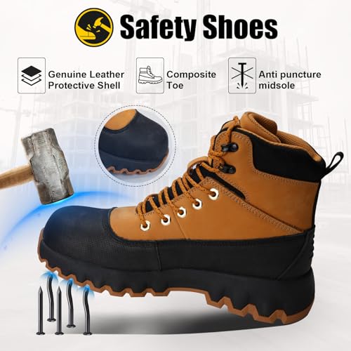 Men's Composite Toe Work Boots - Genuine Leather, Rubber Sole, Waterproof Safety Shoes