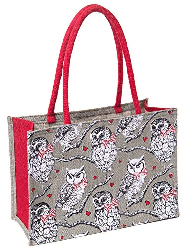 Image of H&B Jute Bag for Shopping - Printed Jute Bag | Shoulder Bag | Shoppers Tote | Jute Bag Big Size | Grocery Bag | eco Friendly Bags for Shopping - Cute & Quirky Collection (Owl - Grey)