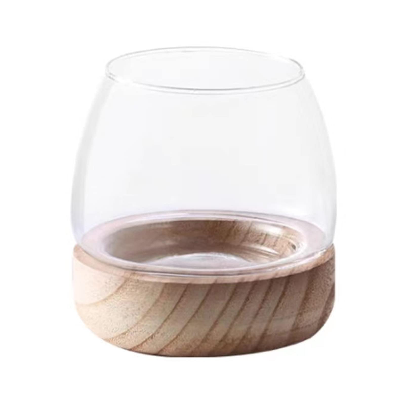 Wnvivi 4 Inch Clear Glass Fish Bowl with Wooden Base,Mini Fish Tank Hydroponic Flower Vase,Round Glass Bubble Bowl Fishbowl Vase for Living Room Decor