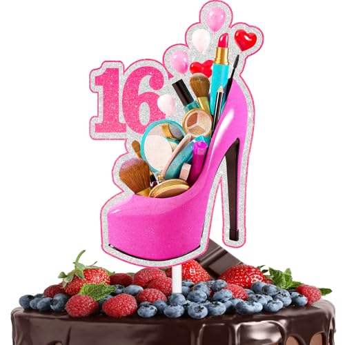 High Heels Makeup 16th Birthday Cake Topper, Sweet Sixteen Cosmetics Spa Theme Party Decorations for Girls, Lipstick Fashionista Birthday Cake Decor Supplies (16th)