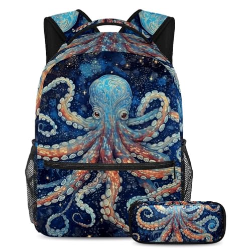 Sac à dos pieuvre peinte à la main bleue, ensemble scolaire polyvalent 2 pièces grand format