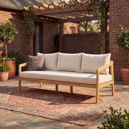Christopher Knight Home Sures Acacia Wood Outdoor 3 Seater Sofa with Cushion, Solid Wood Patio Sofa with Removable Cushion, Comfy Lounge Sofa for Patio Furniture Set, Natural+Beige