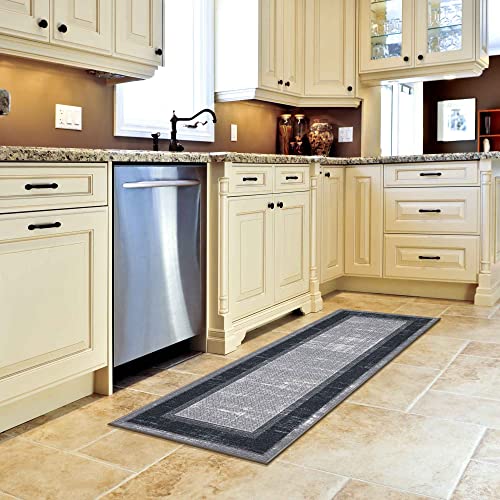 Machine Washable Bordered Design Non-Slip Rubberback 2X5/2X3 2Pcs Set Traditional Runner Rug/Area Rug For Hallway, Kitchen, Entryway, Bathroom, 2 Piece Set - 20" X 59" / 2'3" X 3', Gray/Black #TOP3